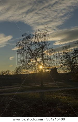 Hisarya, Bulgaria - December 26, 2018: Sunset View Of Ruins Of Fortifications In Ancient Roman City 