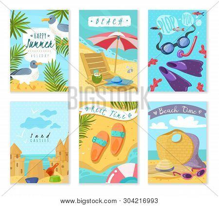 Summer Holiday Items Cards. Set Of Six Vertical Cards With Summer Holiday Beach Accessories Inventor