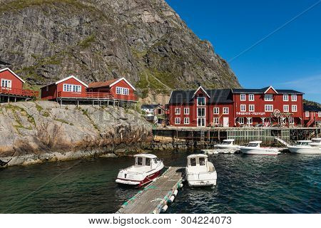 Tind, Norway - May 23, 2019: Traditional Architecture In Tind Fishing Village On Lofoten Islands, No