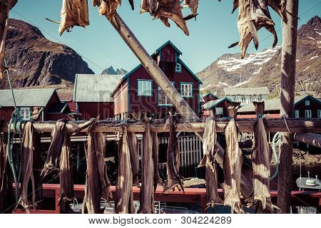 Tind, Norway - May 23, 2019: Traditional Architecture In Tind Fishing Village On Lofoten Islands, No