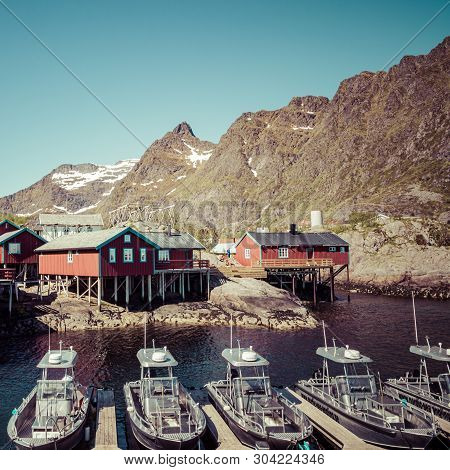 Tind, Norway - May 23, 2019: Traditional Architecture In Tind Fishing Village On Lofoten Islands, No