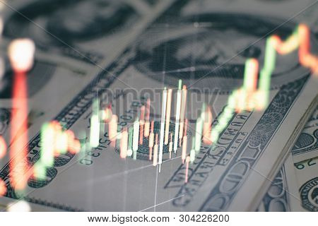 Technical Price Graph And Indicator, Red And Green Candlestick Chart On Blue Theme Screen, Market Vo