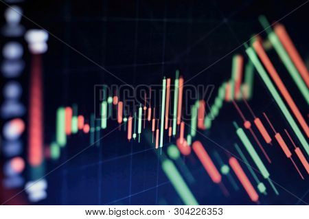 Technical Price Graph And Indicator, Red And Green Candlestick Chart On Blue Theme Screen, Market Vo