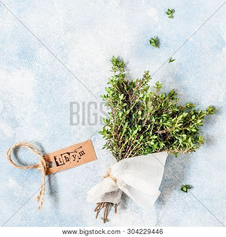 A Bunch Of Fresh Thyme Wrapped In Paper, Thym In French, Square, Copy Space For Your Text