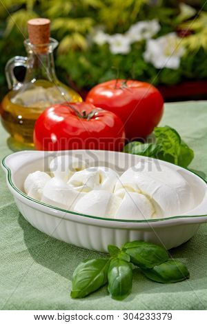 Twisted To Form A Plait Treccia Mozzarella Italian Soft Cheese Served With Fresh Basil And Tomatoes
