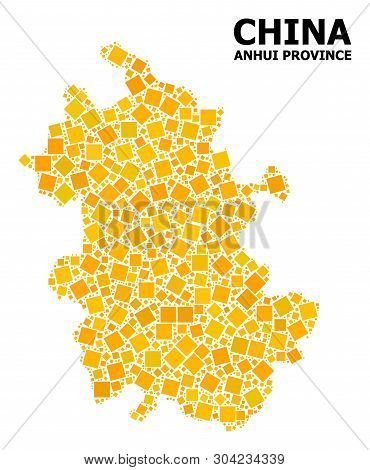 Gold Square Mosaic Vector Map Of Anhui Province. Abstract Mosaic Geographic Map Of Anhui Province Is