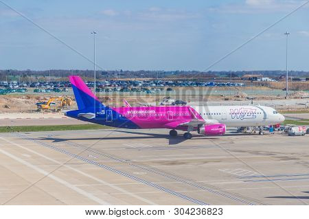London Luton, England. Pril 2019. A View Of A Wizz Air Plane At Luton Airport In The Uk