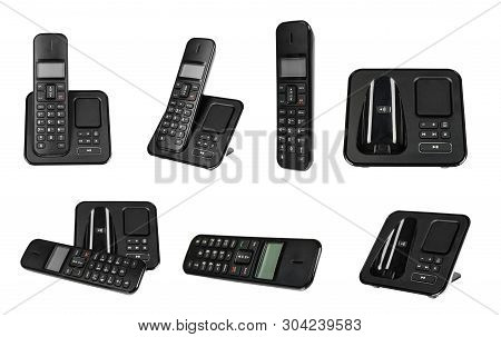Black Office Phone, Set And Collection. Isolated