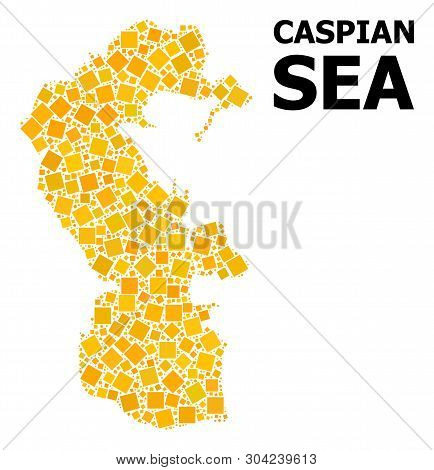 Gold Square Mosaic Vector Map Of Caspian Sea. Abstract Mosaic Geographic Map Of Caspian Sea Is Compo