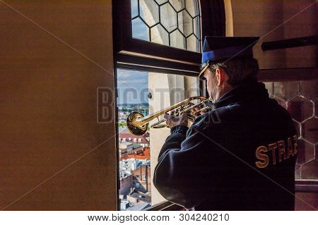 Krakow Poland. April 2019. The St Marys Trumpet Call From St Marys Tower Over The Medieval Old Town 