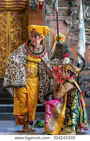 Banjar Gelulung, Bali, Indonesia - February 26, 2019: Mas Village. Play On Stage Setting. Closeup Of