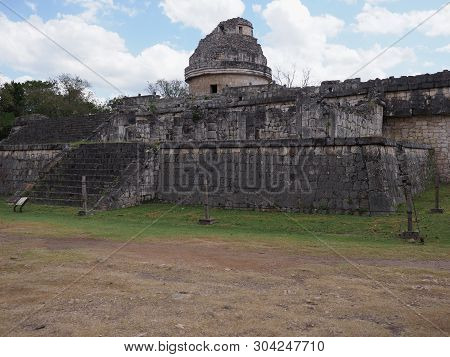 Facade Of Obserwatory At Chichen Itza Mayan Town, Ruins At Most Impressive Of Archaeological Sites A