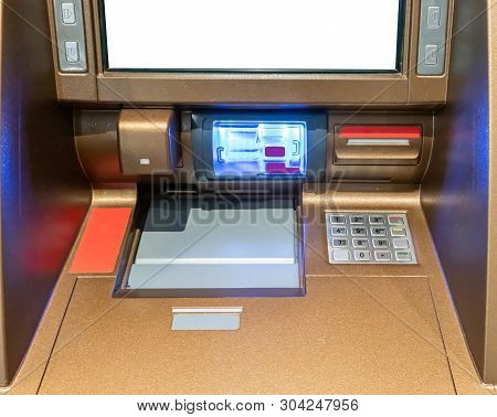 Brown And Gole Atm Machines. The Station Automatic Machines With Led Lights
