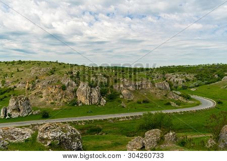 Landscape View Over Old Rock Formations In Europe In Dobrogea Gorges, Romania