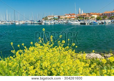 Izola, Slovenia - May 1, 2019: Scenic Harbour With Boats And Brightly Coloured Houses On The Flowers