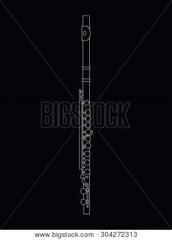 Simple White Line Drawing Of Outline Flute Musical Instrument On A Black Background. For Student Edu
