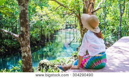 Asian Women Travel Relax, Travel Nature In The Holiday. Nature Study In The Forest. Women Happy Enjo