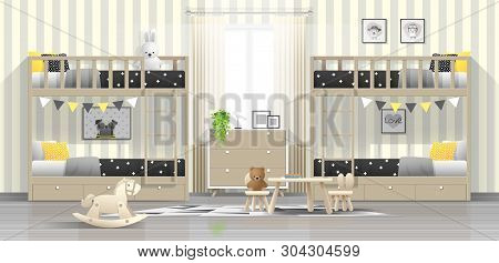 Interior Background Of Modern Kids Bedroom With Wooden Bunk Beds , Vector , Illustration