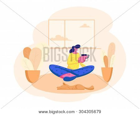 Young Woman Sitting On Floor With Cup Of Tea Or Coffee In Hand At Home. Female Character Visiting Fr