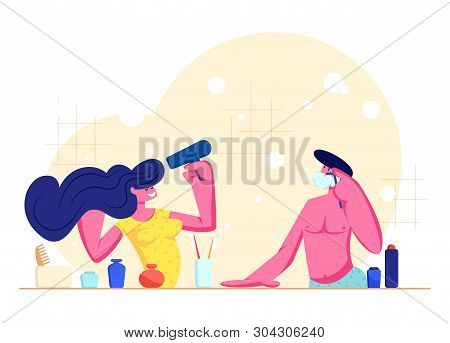 Every Day Routine, Hygiene. Loving Couple Morning Procedures. Girl Drying Hair With Fan, Man Shaving