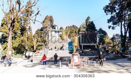 Chowrasta, Darjeeling, West Bengal, India - December 2018: The Beautiful Darjeeling Mall In One Cold