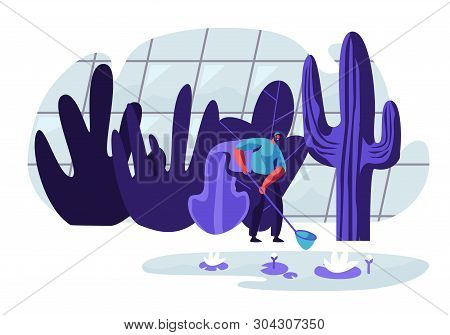 Gardener Worker Or Botanist Scientist Stand With Butterfly Net Near Pond With Floating Lotus Flowers