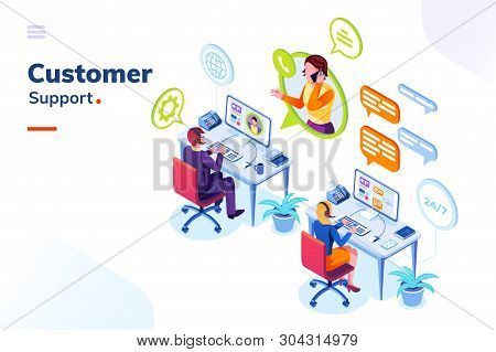 Customer Service People Office Or Isometric Call Center Room. Man Support And Woman Phone Assistant,