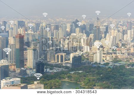 Cityscape Of Bangkok With Added Generic Wifi Signals And Access Points Within The City.