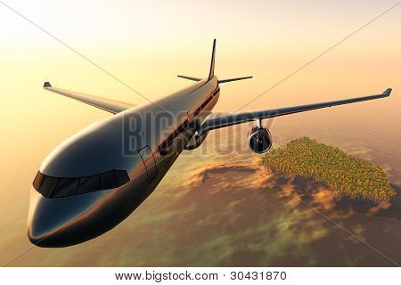 Flygplan som flyger över en tropisk ö i solnedgången 3D render