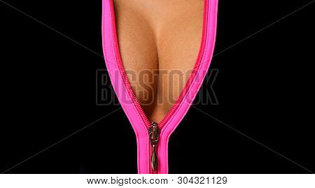 Black And Pink Breasts. Beautiful Female Breasts. Woman Close Up. Sportswear For Girls.