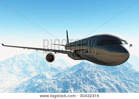 Flygplan som flyger i över ett kallt område 3D render