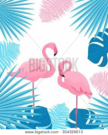 Pink Flamingo. Leaves Of Palm, Monstera, Fern. Summer Tropical Poster.