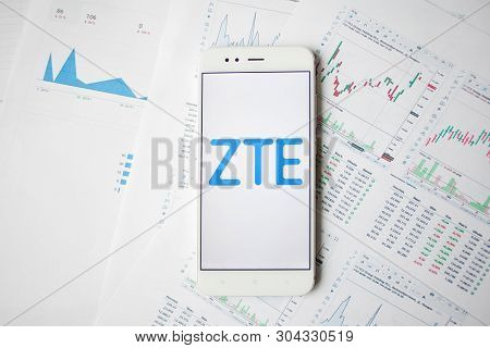 Saint Petersburg, Russia - May 27, 2019: Zte Securities Analytics, Concept. Mobile Phone With The Lo