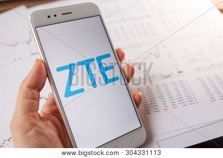 Saint Petersburg, Russia - May 27, 2019: Zte Securities Analytics, Concept. Mobile Phone With The Lo