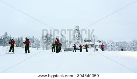 Saariselka, Finland - December 28, 2017: Winter Sport In Lapland During Polar Night