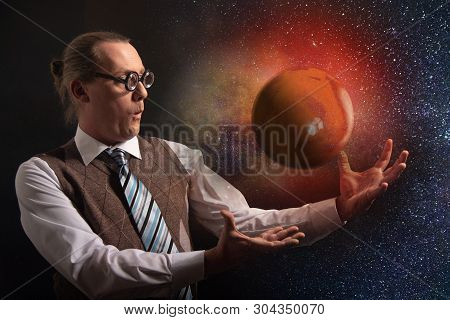 Funny Scientist Looking To Universe And Planet Mars