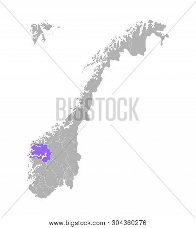 Vector Isolated Simplified Illustration With Grey Silhouette Of Norway, Violet Contour Of Sogn Og Fj