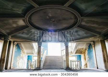 Tskaltubo, Georgia - April 27, 2019: Detail Of The Abandoned Soviet Sanatorium Iveria In Tskaltubo, 
