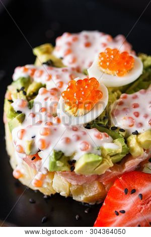 Round Salad Made Of Red Fish Potato And Avocado