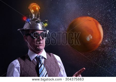 Funny Scientist Looking To Universe And Planet Mars
