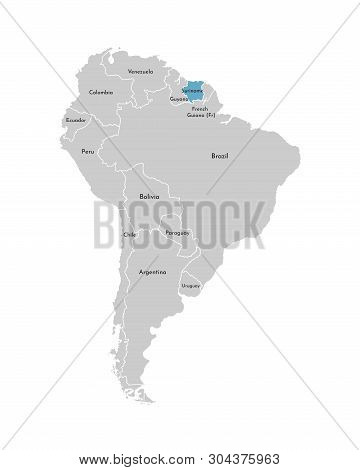 Vector Illustration With Simplified Map Of South America Continent With Blue Contour Of Suriname. Gr