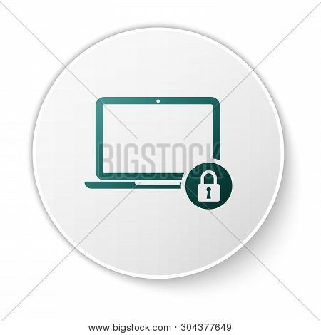 Green Laptop And Lock Icon Isolated On White Background. Computer And Padlock. Security, Safety, Pro