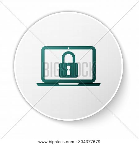 Green Laptop And Lock Icon Isolated On White Background. Computer And Padlock. Security, Safety, Pro