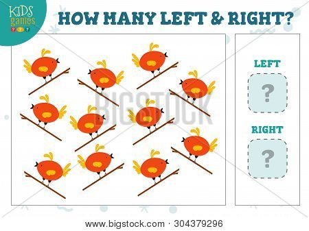 How Many Left And Right Cartoon Bird On The Branch Kids Counting Game Vector Illustration. Developme