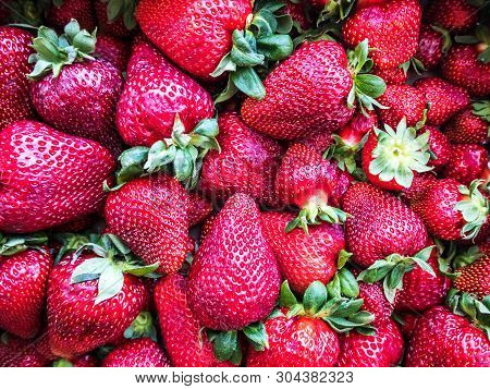Big Red Tasty Strawberries Close Angle. Russia Sochi