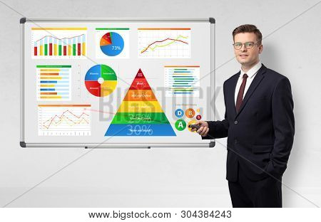 Handsome businessman presenting health reports on white board with laser pointer 