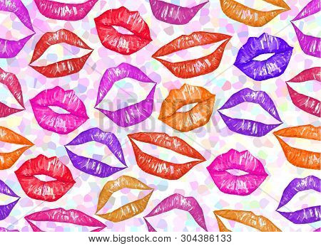Pink Watercolor Lips Pattern Hand Made Illustration. Half-open Lips
