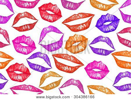 Pink Watercolor Lips Seamless Pattern Hand Made Illustration. Half-open Lips