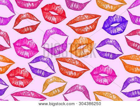 Pink Watercolor Lips Seamless Pattern Hand Made Illustration. Half-open Lips