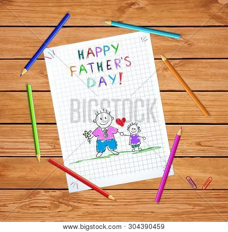 Dad And Son Happy Fathers Day Greeting Card, Baby Hand Drawn Illustration On Checkered Notebook Shee